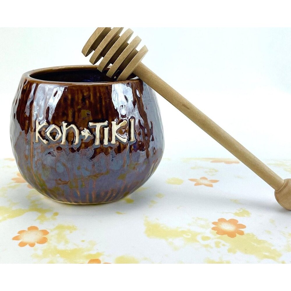 Vintage 60s honey jar, Kon Tiki pottery with wooden spoon, no lid